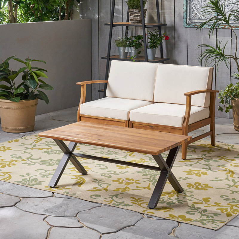 Outdoor Acacia Wood Coffee Table, Teak Finish / Rustic Metal, 18" H X 27.25" W X 43.25" L