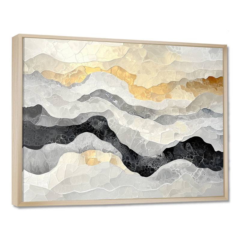 Abstrait gris doré illimité, rêverie IV - Collages abstraits, art mural, H 30 po x l 40 po, Cadre flottant, Crème, crème