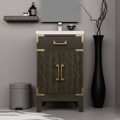 Meuble-lavabo simple en chêne brun avec surface en acrylique poli - comptoir et robinet élégants pour salle de bain