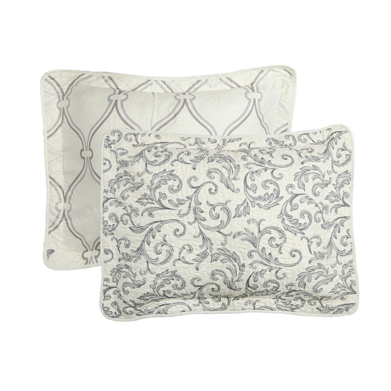 Ensemble de courtepointes en microfibre 7 pièces Marisol, Couvre-lit pour très grand lit + 4 taies décorat, Gris / lavande