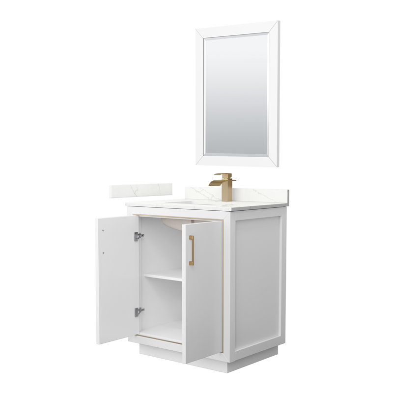 30'' Single Bathroom Vanity with Quartz Top, Dark Blue, Giotto Quartz, Brushed Nickel