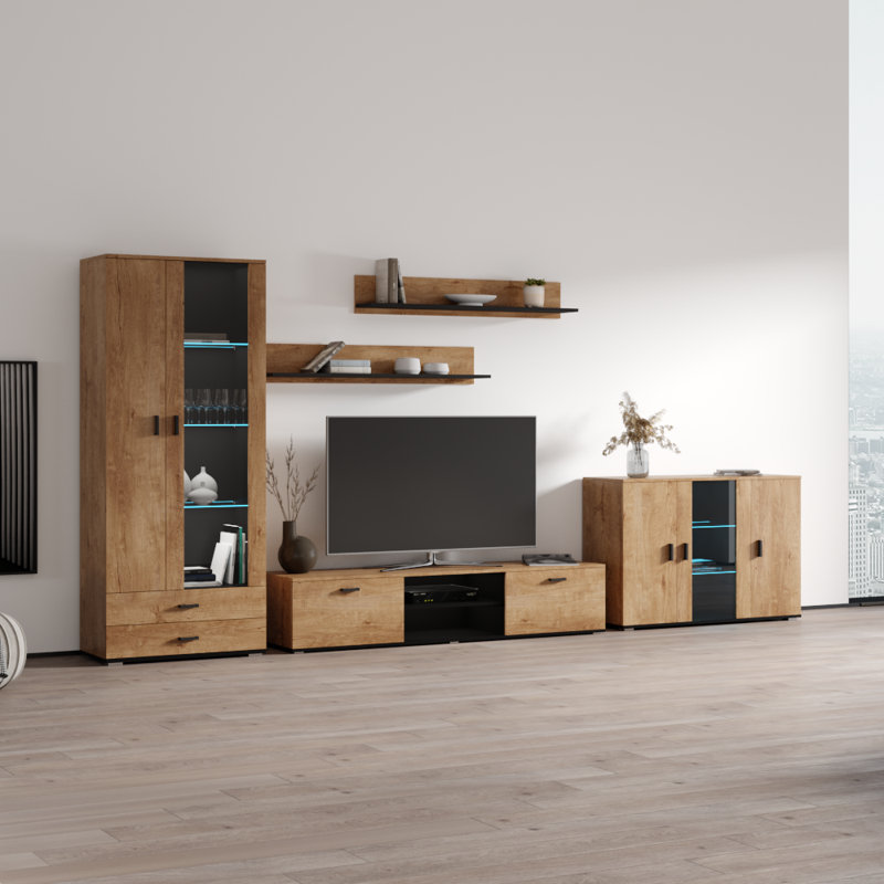 Sabala 150" Modern Entertainment Center with 16-Color LED Lighting, High Gloss Finish, Media Storage, Oak