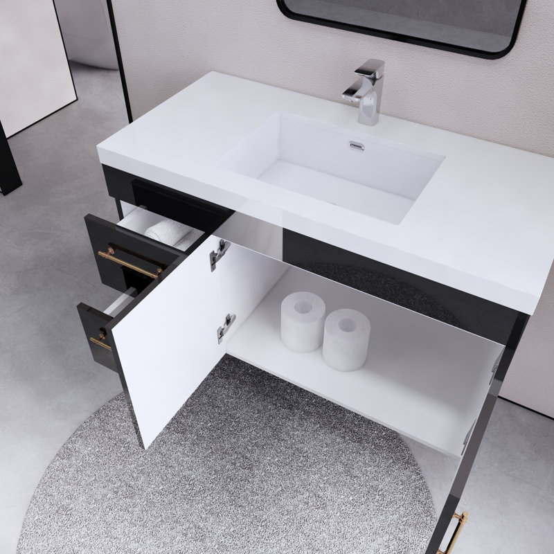 Dessens 41.9'' Single Bathroom Vanity with Acrylic Top, Glossy Black