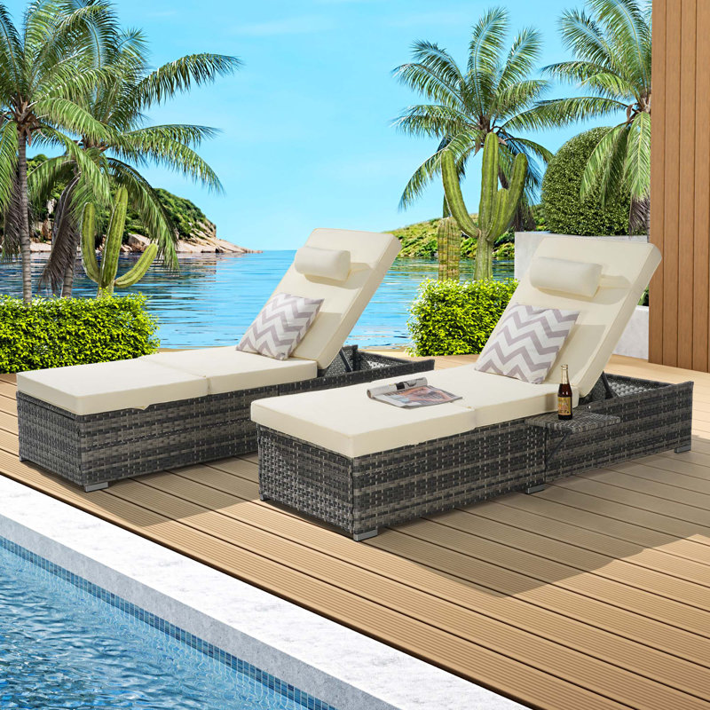 Outdoor Chaise Lounge Chair Set Of 2 With Patio Pool Chairs Tanning Lounges For Outside,Beach Rattan Recliners With Adjustable Backrest,Cushion For Poolside Backyard Garden