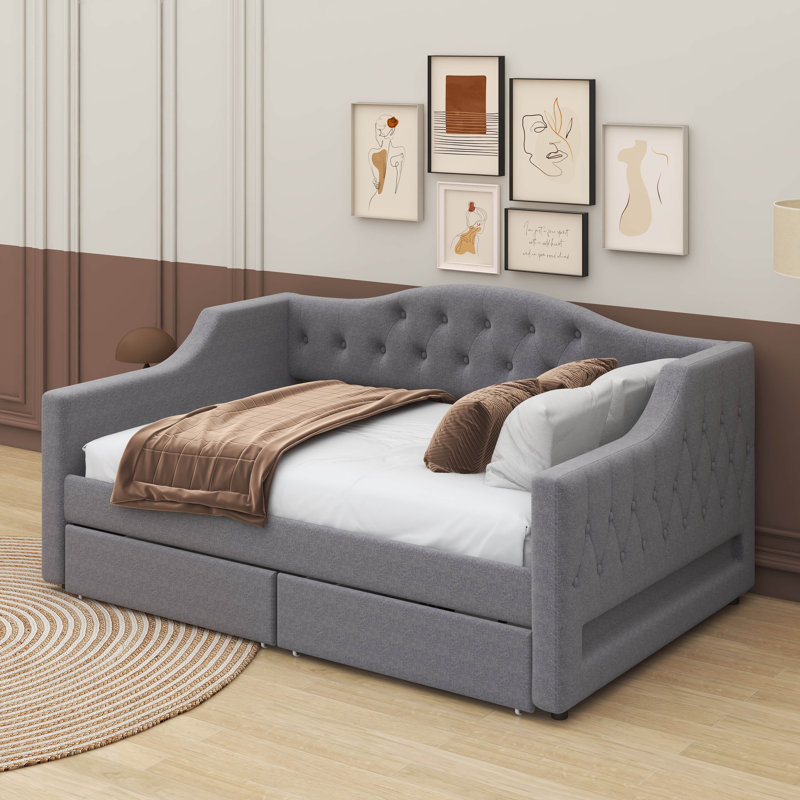 Upholstered Twin XL Size Daybed With LED Belt And 2 Drawers, Gray