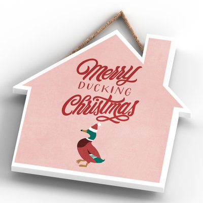 Xmas Merry Ducking Christmas Wooden House Plaque