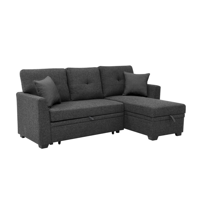 76.5" Linen Blend Upholstered Sectional With Pull-Out Bed And Chaise Storage, Charcoal Black Linen