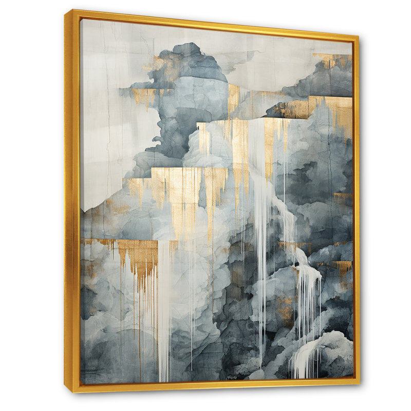 Or et gris cascade aventure sur toile, Cadre flottant doré, H 32 po x l 16 po x P 1 po