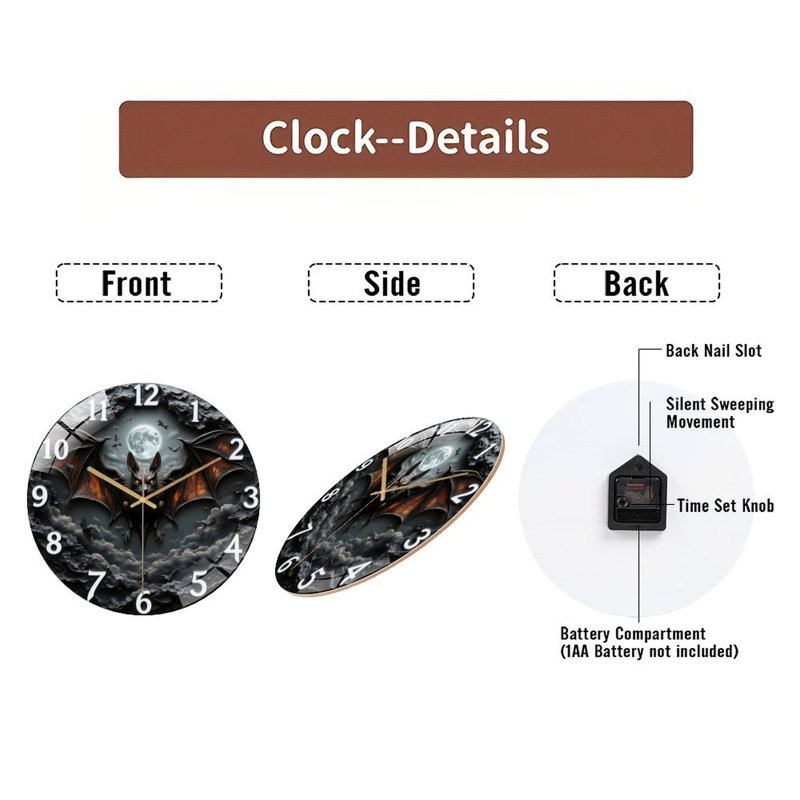 Horloge murale gothique en forme de chauve-souris au clair de lune - horloge murale moderne en verre 12 po
