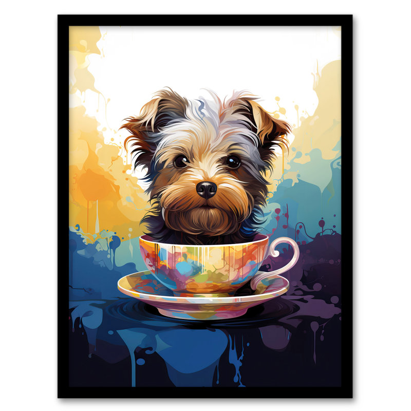 Tea Cup Yorkshire Terrier Dog Blue Purple Orange - Single Picture Frame Print