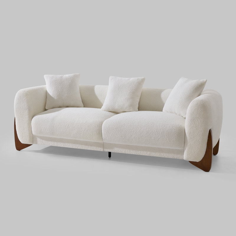 Sherpa Upholstered Sofa with Wood Wedge Legs, White