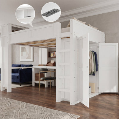 Grand lit mezzanine en bois avec garde-robe et bureau, tête de lit avec rangement et port USB, blanc