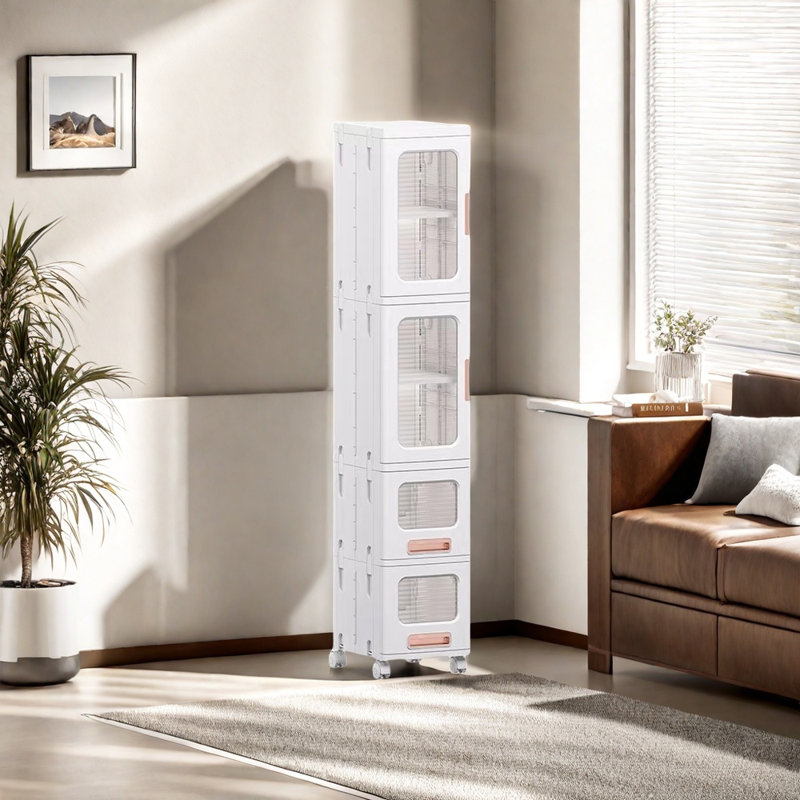 5 Tier Folding Stackable Storage Box, Stackable Storage Drawers On Wheels, Bathroom Floor Cabinet With Doors