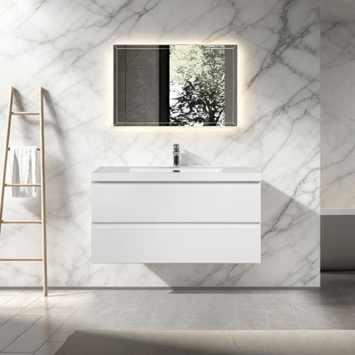 Meuble-lavabo flottant mural 42 po blanc brillant avec comptoir simple à surface solide blanc