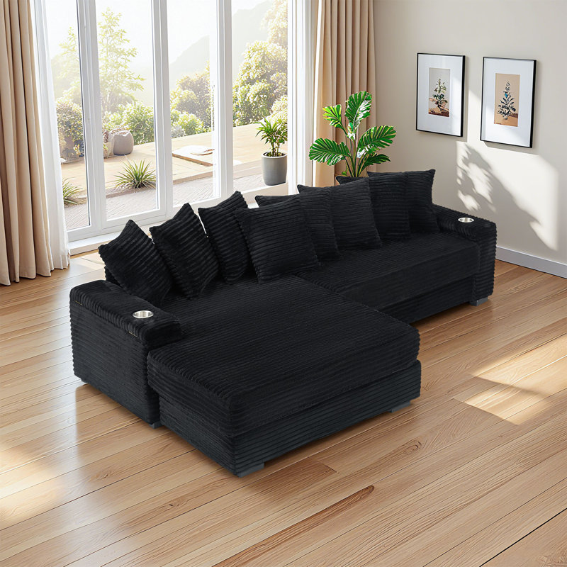 111.4‘Beige Flannelette Sofa, Black Corduroy