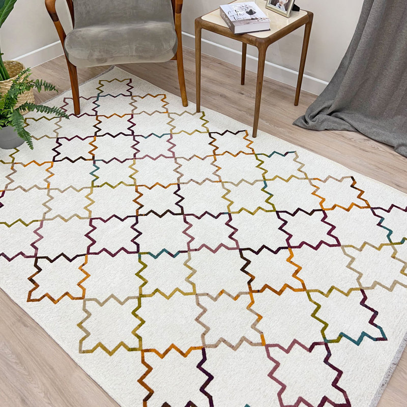 Tapis en coton blanc crème Alfa Rich Boho, Rectangle 4 pi 1 po x 5 pi 9 po