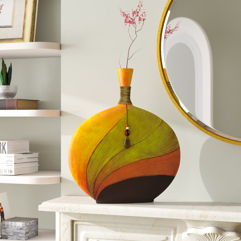 Vase de plancher en grès Kawamura , H 20 po x l 17 po x P 3 po, Brun/rouge/vert