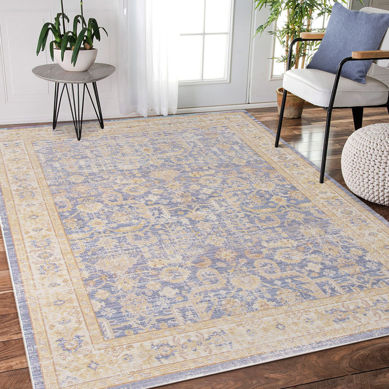Tapis floral tissé à la machine 5 pi x 7 pi bleu lavande