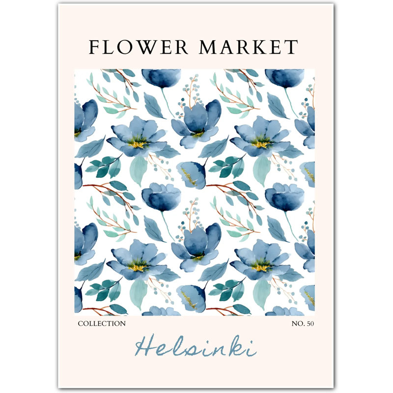 Helsinki Midnight Bloom Watercolour Art Print – Nordic Floral Style, 42 cm H x 30 cm W