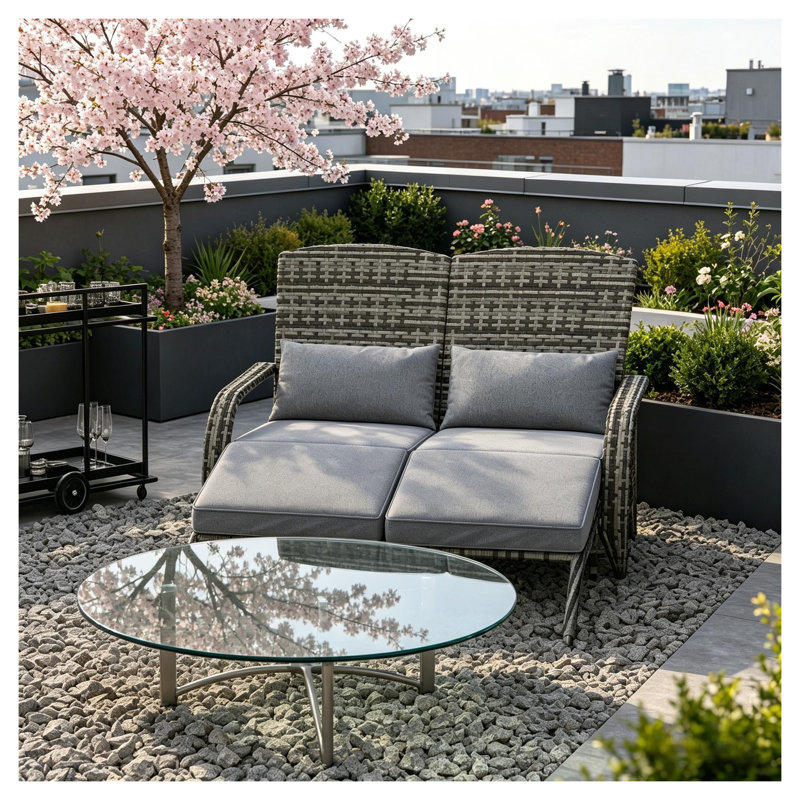 Ensemble de 2 chaises Adirondack grises à dossier haut en osier avec repose-pieds repose-pieds, siège de jardin en rotin PE avec structure en acier