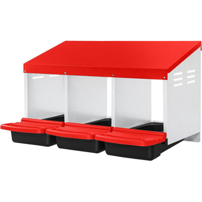Chicken Nesting Box, 3 Compartments Metal Chicken Laying Boxes with Roll Out Egg Collection, Wooden Fake Eggs (Red)