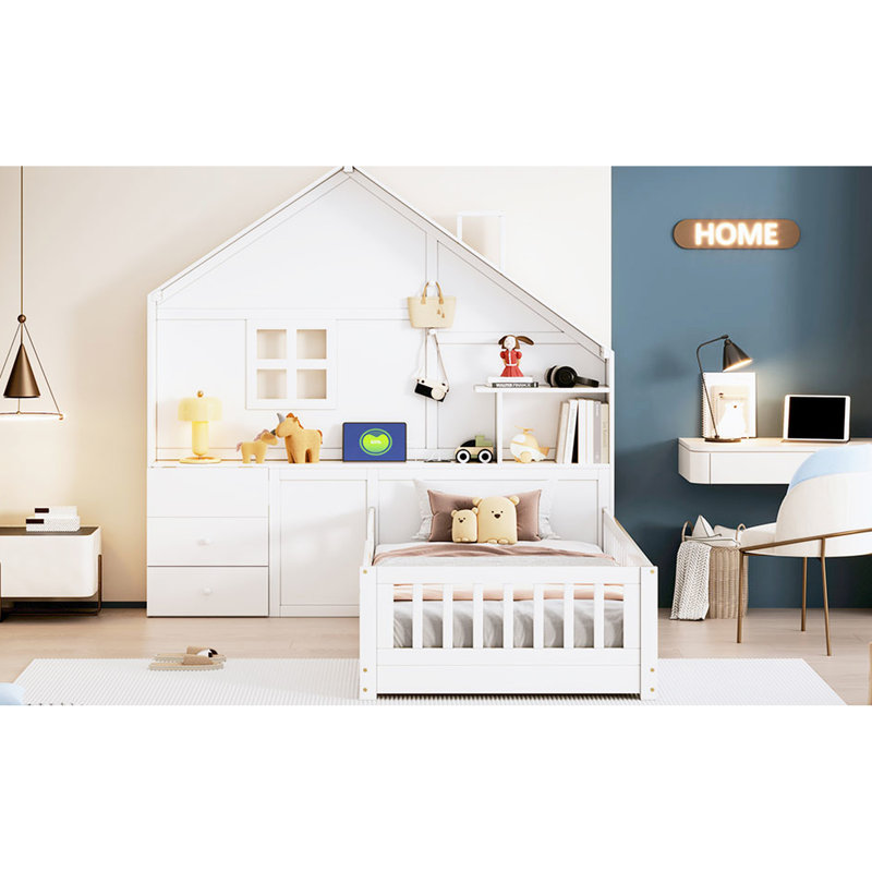 Lit simple blanc avec fenêtre, rangement de tiroir, douilles et support pour lit simple avec tiroirs de chevet, tablettes de sortie