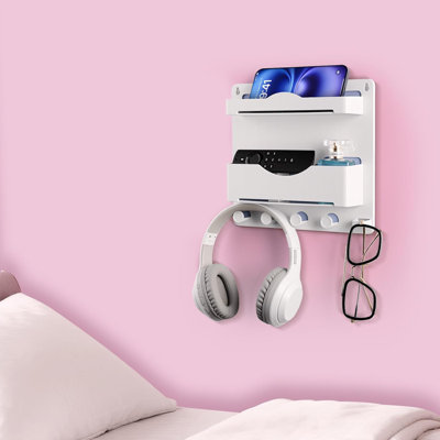 Wall Mount Bedside Organizer with Wide Slots & Glasses Hook, Adhesive Hanging Storage for Home RV
