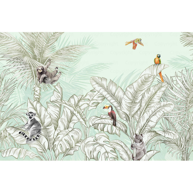 Tropical Jungle Wildlife Wallpaper Mural, Green, 110" L x 163" W