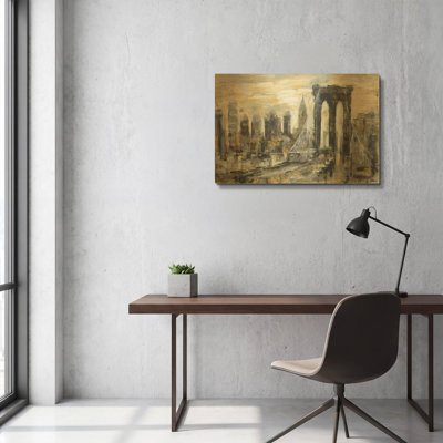 «Brooklyn Bridge Gray and Gold» par Silvia Vassileva, art mural en métal doré, 36 po x 24 po