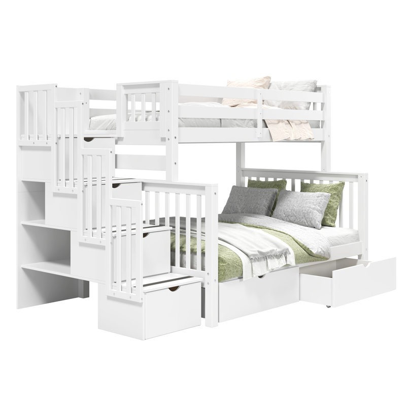 Tena Solid Wood Standard Stairway Bunk Beds Twin over Full with 4 Drawers in the Steps and 2 Under-Bed Drawers, White, White