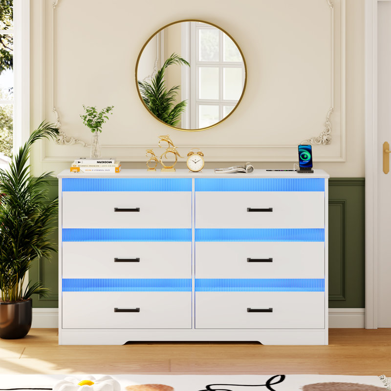 6-Drawers Dresser With LED Light and USB Port, White