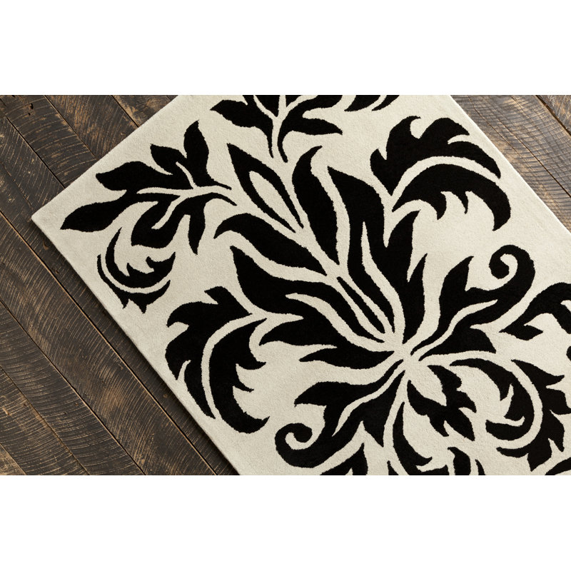  Tapis floral abstrait en laine touffeté à la main noir et blanc Jethro Authentic, 5 pi x 7 pi 6 po
