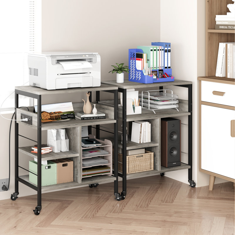 3-Tier Mobile Printer Stand with Charging Station, 2 AC Outlets & 2 USB Ports, Rolling Printer Shredder Table with Storage Shelf, Adjustable Feet & Brake Wheels for Home Office, Black