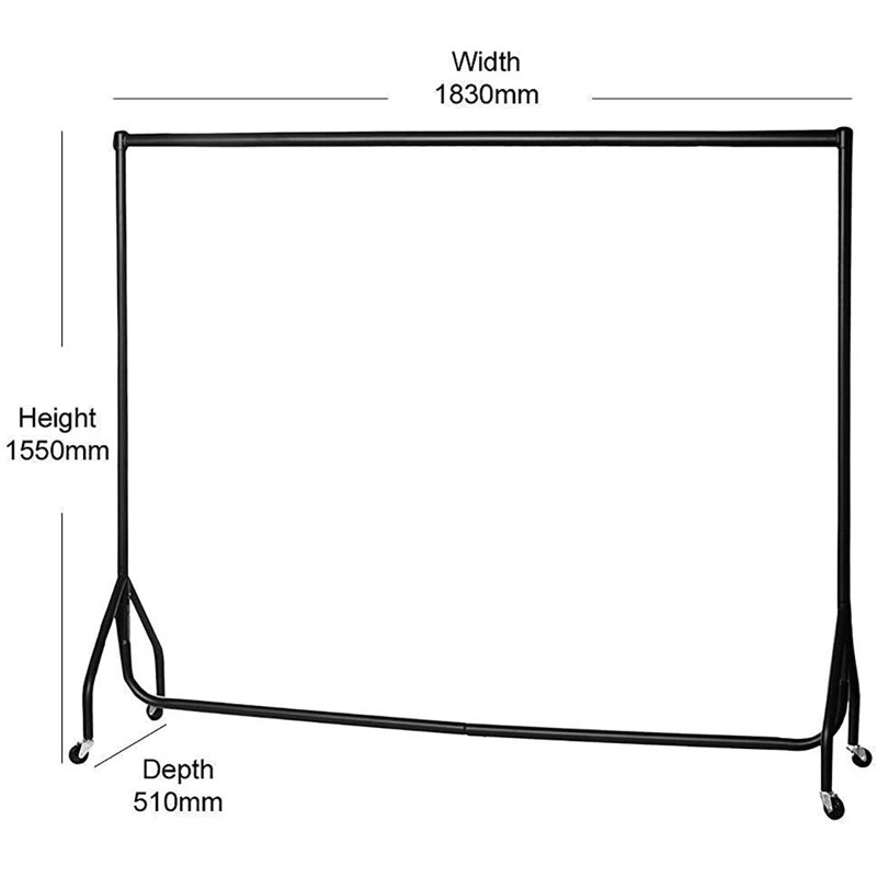 180cm Long x 150cm Tall Heavy Duty Rolling Clothes Rail Garment Storage Rack Black