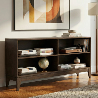Harper 30"H Solid Wood Mid-Century Modern Low Bookshelf With 4 Deep Shelves And Tapered Legs