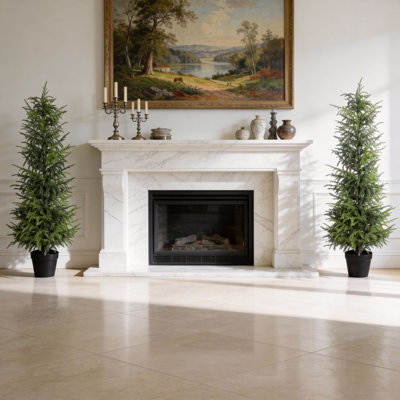 Artificial Real-Touch Potted Norfolk Pine Tree, Set of 2, 21 x 21 x 60 Inch, Plastic, 1 Set, Artificial Norfolk Pine Tree, Green, Set of two matching potted trees frames an entryway