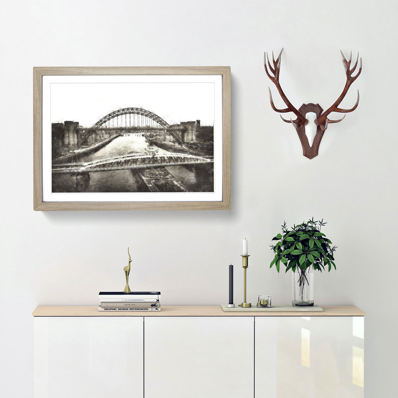 Tyne Bridge Linking Newcastle - Picture Frame Painting Print, Oak Framed, 33cm H x 45cm W x 2cm D