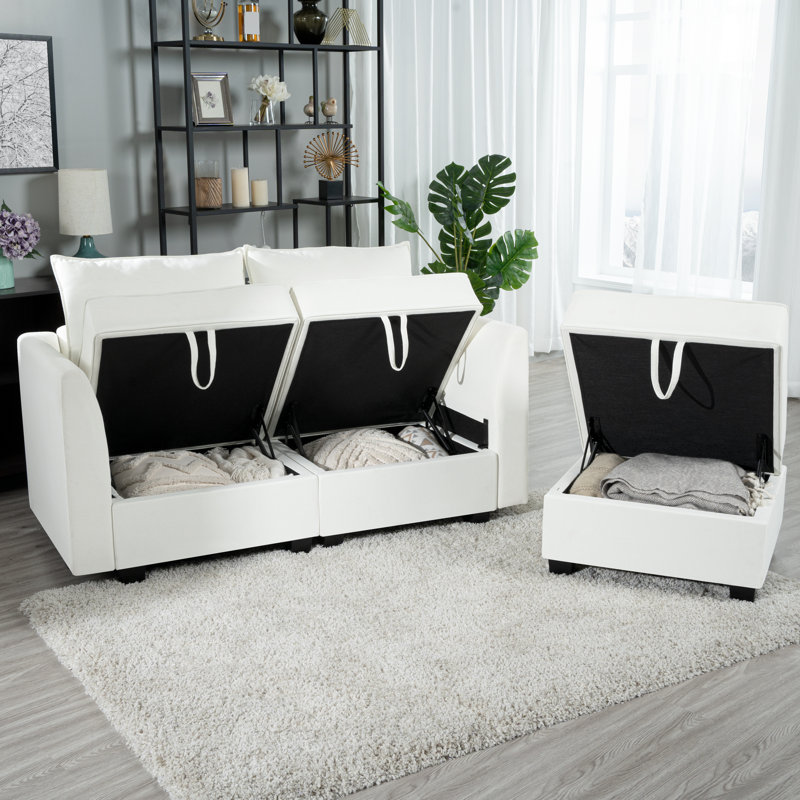 Causeuse modulaire en L avec repose-pieds Cateleya, Blanc