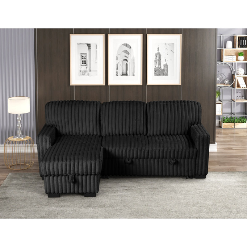 Poland Charcoal Reversible Sectional With Pull-Out Bed, Black Fabric