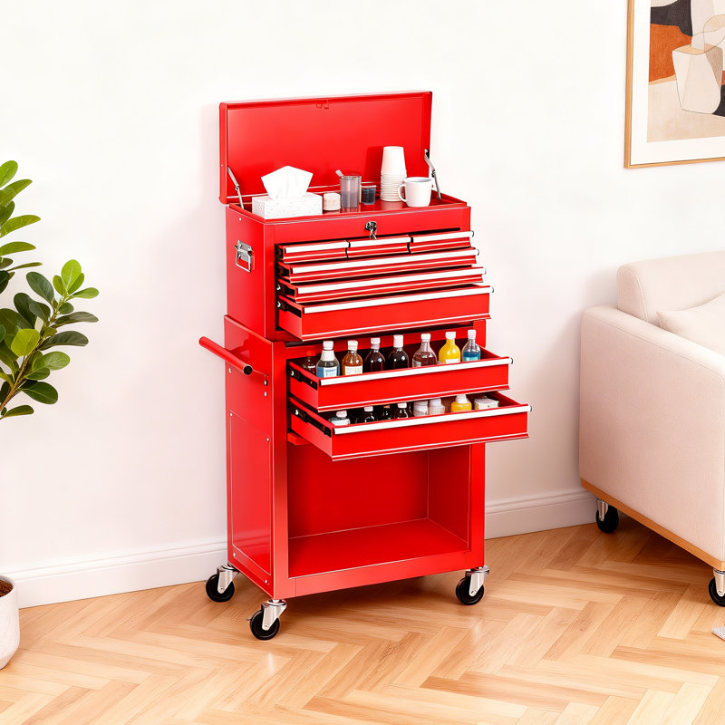 Coffre à outils à 8 tiroirs avec boîte à outils et roulettes, boîte à outils amovible