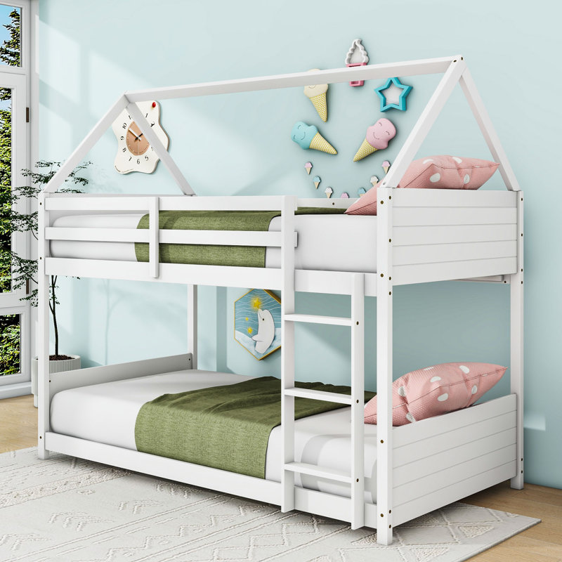 Twin Over Twin Wooden House-Shaped Bunk Bed With Roof Frame And Ladder, White