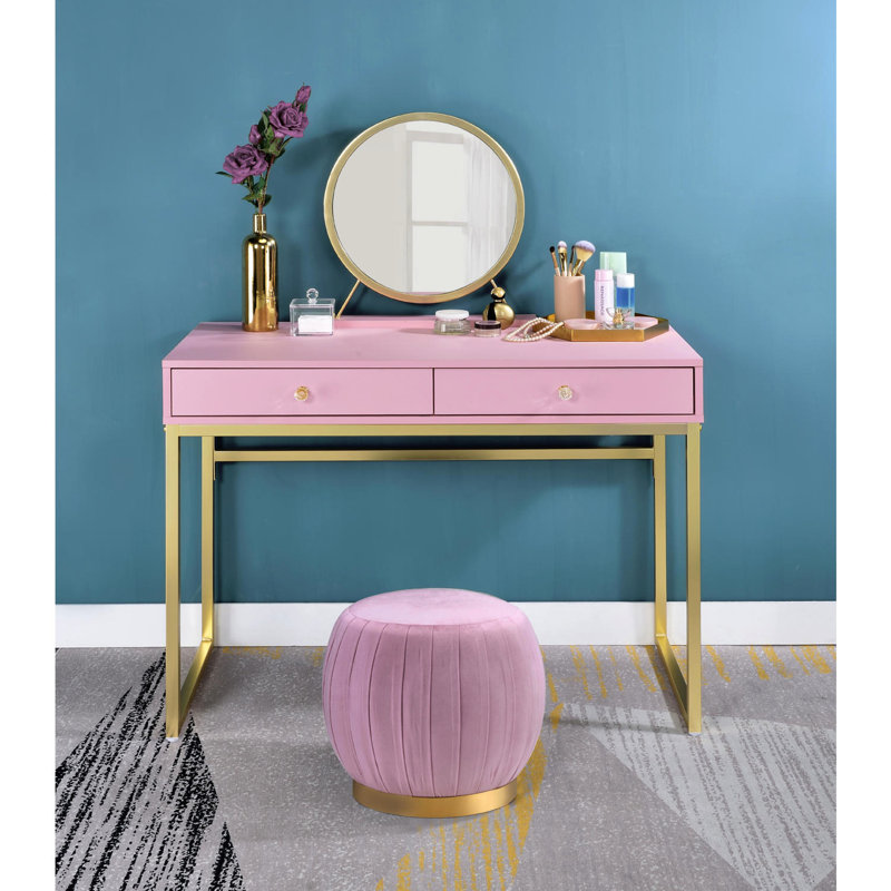 Bureau de coiffeuse 2 tiroirs avec miroir et plateau à bijoux, rose et or