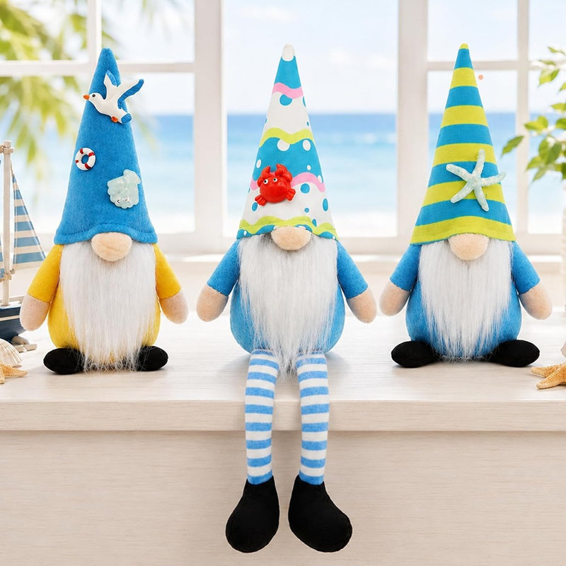 3 décorations de gnome d'été, décor de table nautique de bord de mer à thème de plage pour la maison, le bureau, une tablette, un manteau de cheminée, un rebord de fenêtre