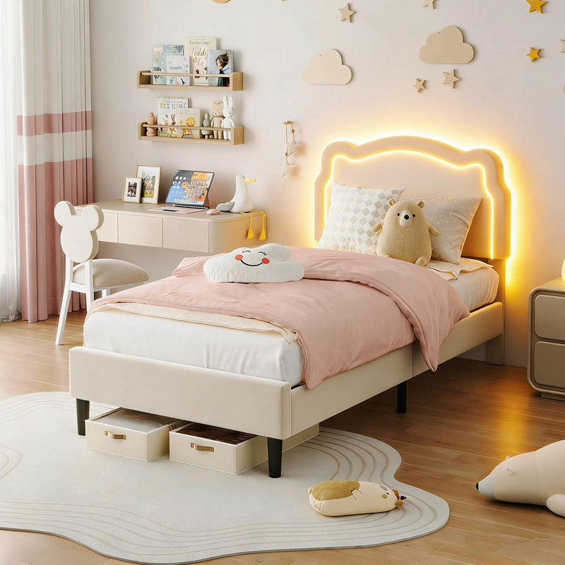 Twin Princess Bed – Adjustable Bear, LED, Wooden Slats, Beige
