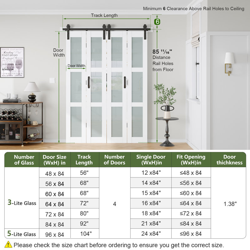 Porte de grange pliante en verre et en bois manufacturé massif avec trousse de quincaillerie d'installation, 60 po x 84 po, 4
