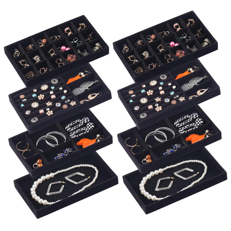 Ensemble de 8 plateaux empilables de rangement de bijoux empilables, Noir