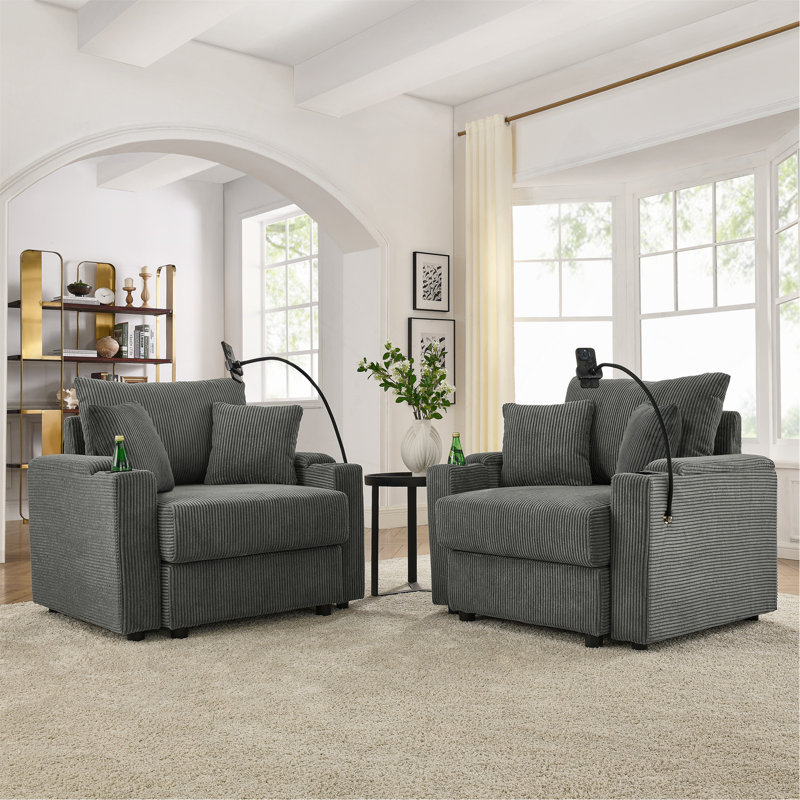 Ensemble de 2 chaises d'appoint, fauteuil en velours côtelé moderne avec espace de rangement, deux porte-gobelets et un support pour téléphone dans le salon