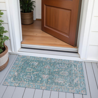 Tapis bleu sarcelle lavable à la machine intérieur / extérieur Xhevrie