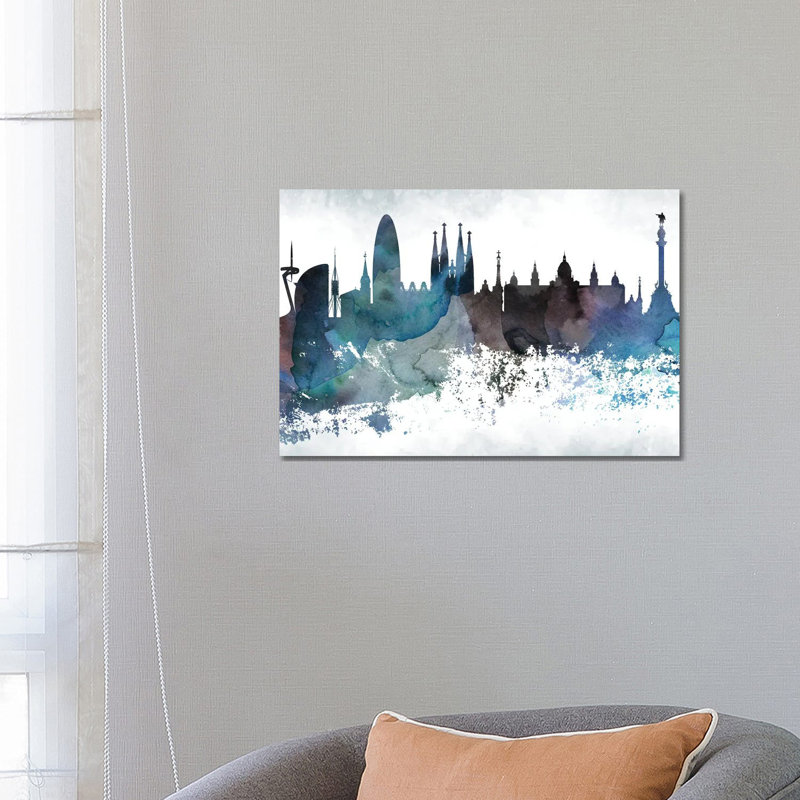 Barcelona Bluish Skyline by WallDecorAddict - Wrapped Canvas Print, 66.04 cm H x 45.72 cm W x 3.175 cm D