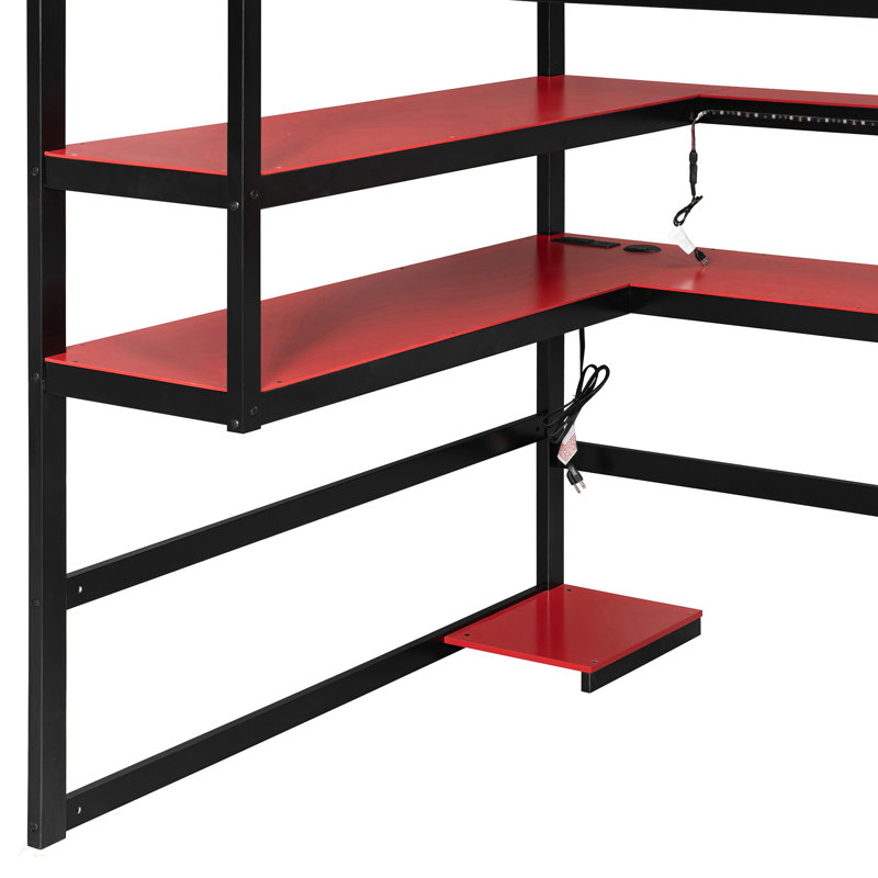 Lit mezzanine en bois avec bureau, support de rangement latéral, tablettes multiples et lumière RVB, Full, Red